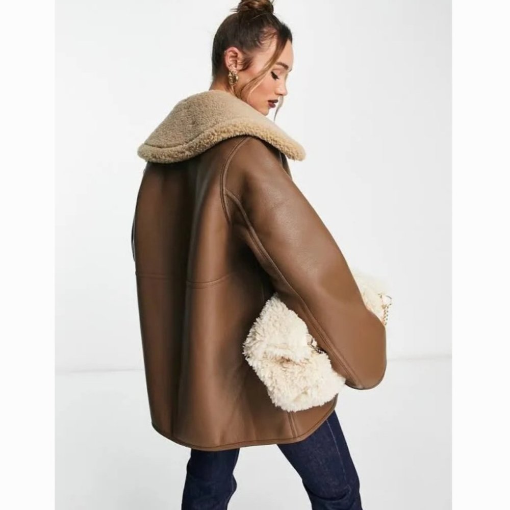 NWT Mango Oversized Brown Leather Shearling Appliqués Faux Fur Jacket Coat